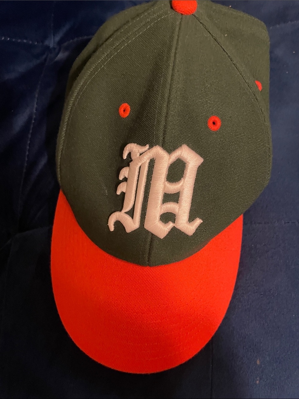 Nike Two-Tone Dark Green and Red Baseball Cap with Pink Embroidered 'N'